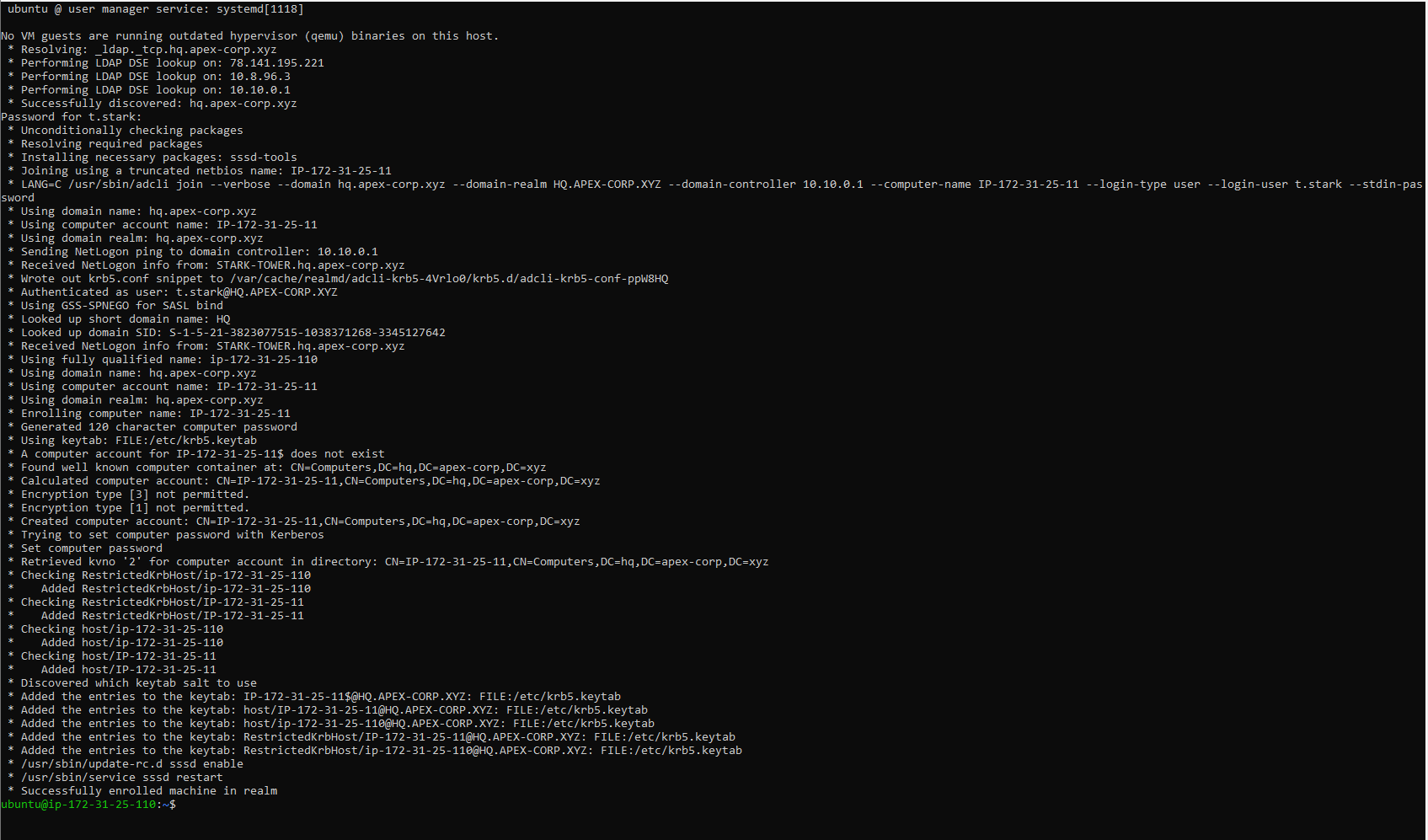 realm join output on WATCHTOWER showing Successfully enrolled machine in realm hq.apex-corp.xyz